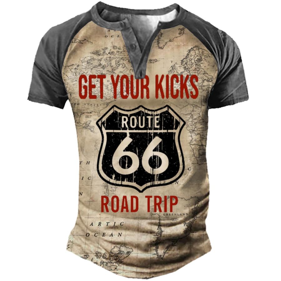 

Men's Vintage World Map Get Your Kicks Route 66 Henley Raglan T-Shirt