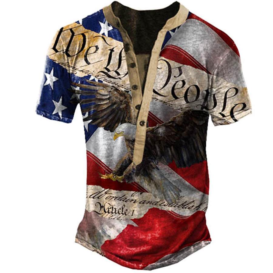 

Men's Vintage American Flag Eagle Independence Day Henley T-Shirt