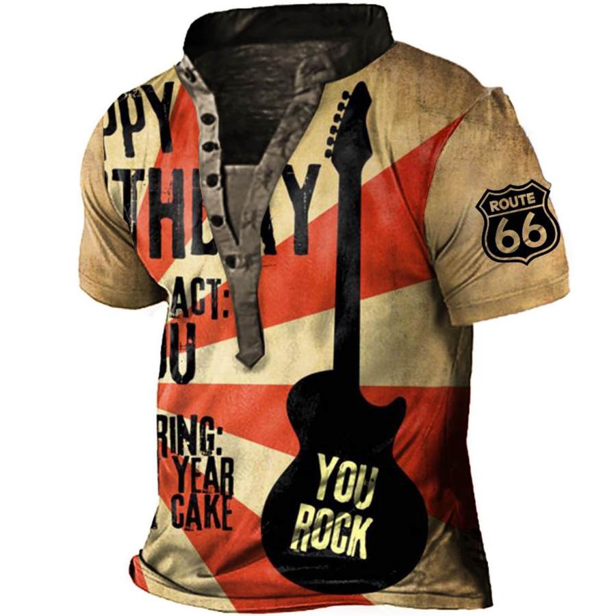 

Men's Vintage Route 66 Rock Guitar Henley T-Shirt