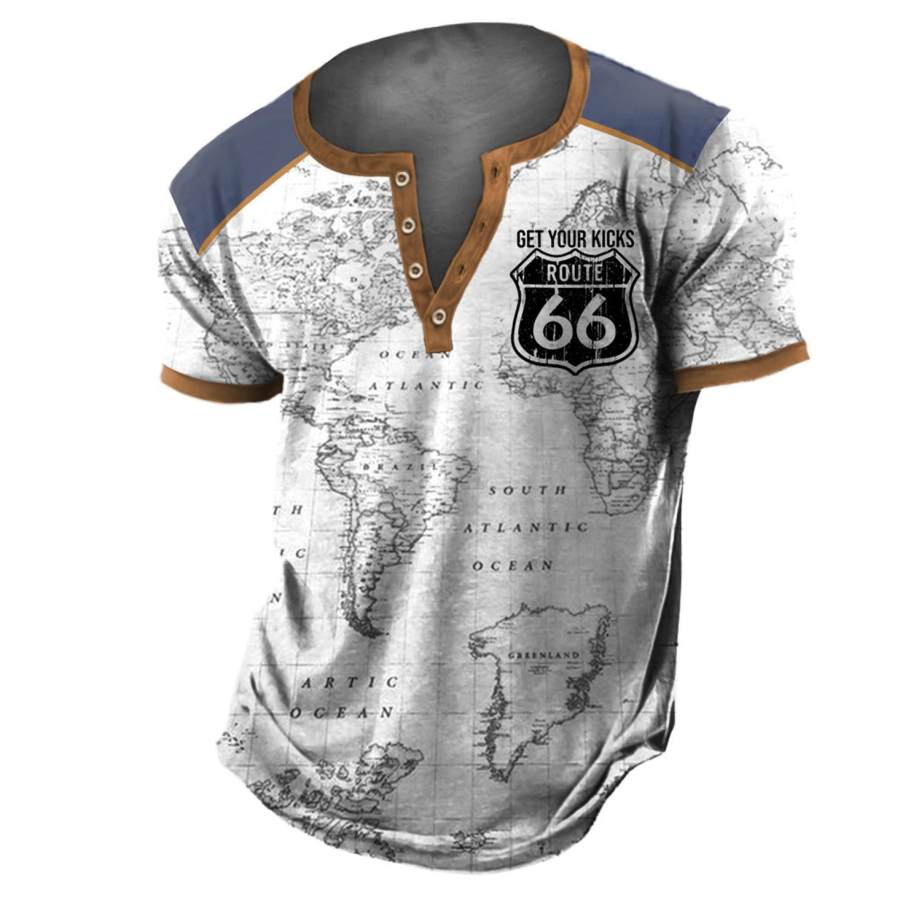 

Men's Vintage World Map Route 66 Colorblock Henley T-Shirt