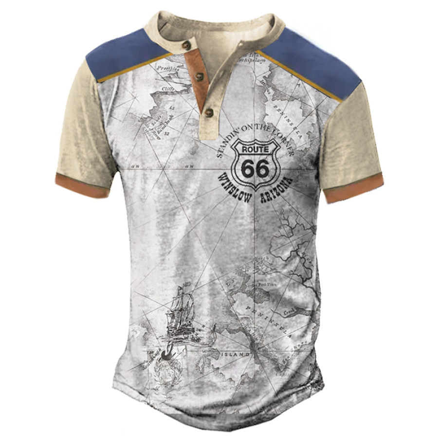 

Men's Vintage World Map Route 66 Henley Collar T-Shirt