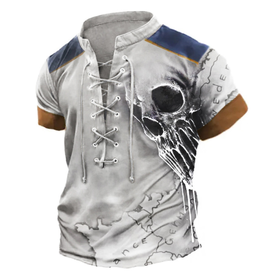 

Men's Vintage World Map Skull Lace-Up Stand Collar T-Shirt