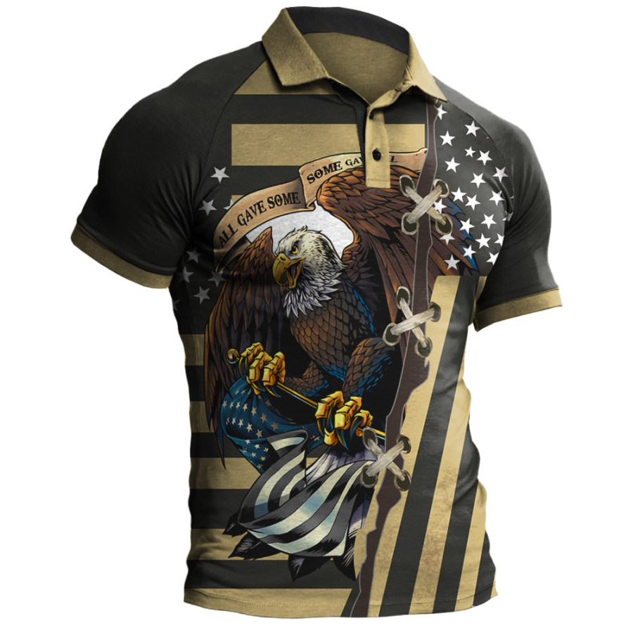 

Men's Vintage American Flag Eagle Print Colorblock Polo Neck T-Shirt