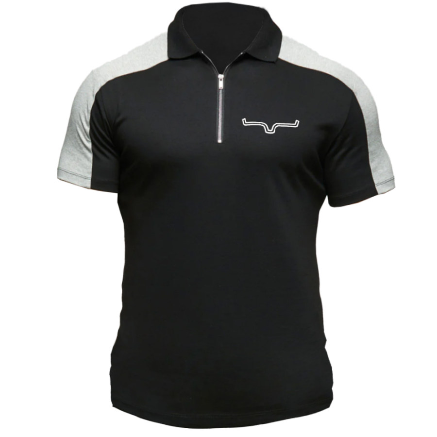 

Men's Outdoor Color Contrast Stitching Cowboy Zipper Lapel T-shirt