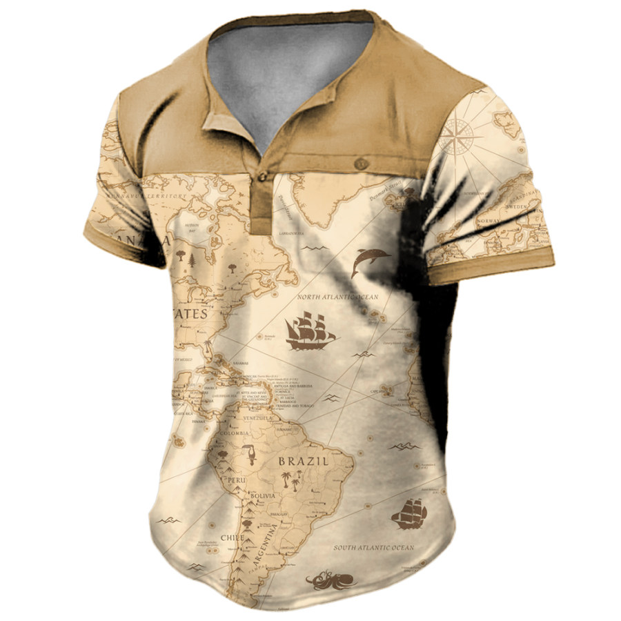 

Men's Vintage World Map Print Pocket Henley Collar T-Shirt