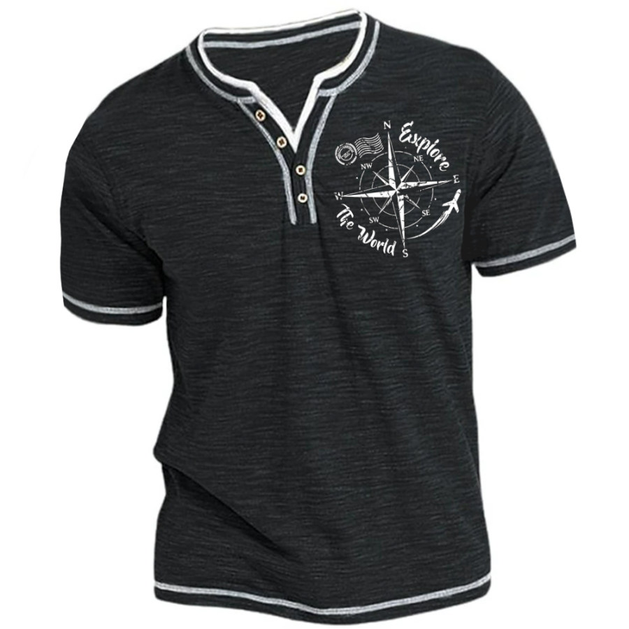

Men's Vintage Compass Print Henley Collar T-Shirt