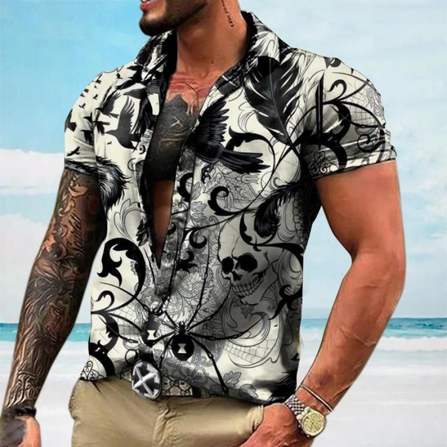 

Men's Crow And Skull Print Short Sleeve Casual Shirt