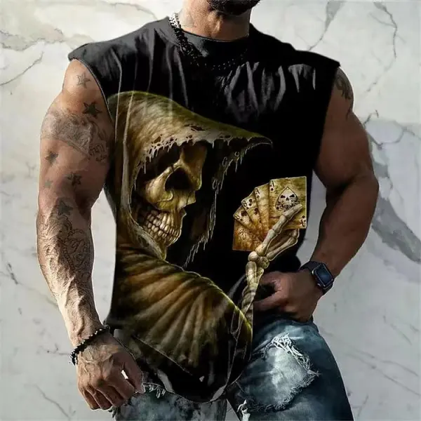 Men's Vintage Playing Card Skull Print Sleeveless Tank Top - Kalesafe.com 