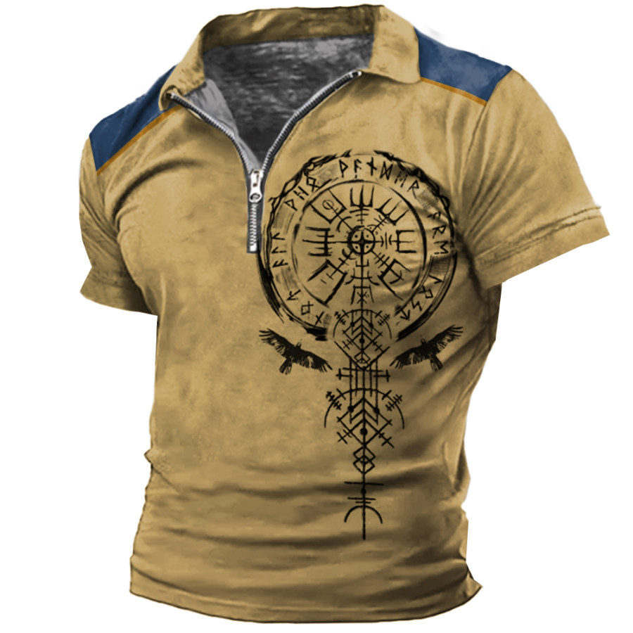

Men's Vintage Viking Eagle Print Zip Lapel T-Shirt