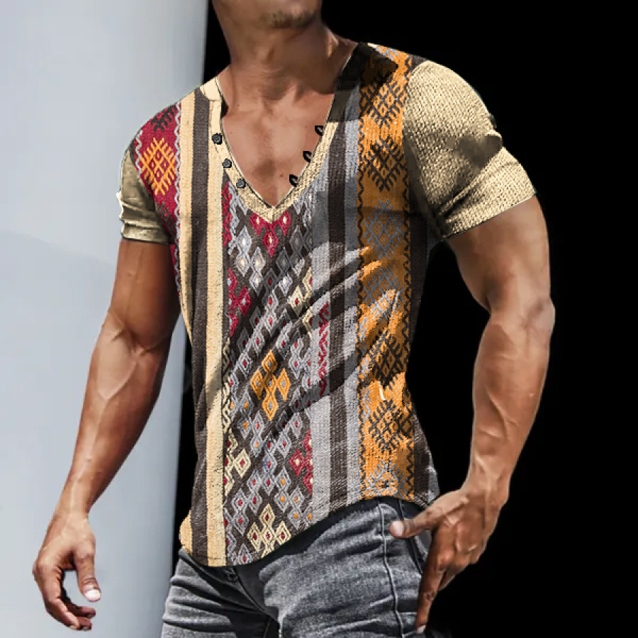 

Men's Vintage Ethnic Pattern Casual Slim Sports V Neck Tops
