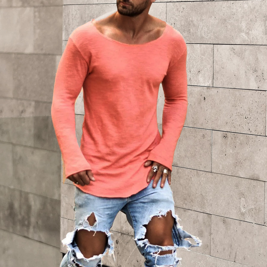 

Men's Cotton Boat Neck Slim Fit Long Sleeve T-Shirt