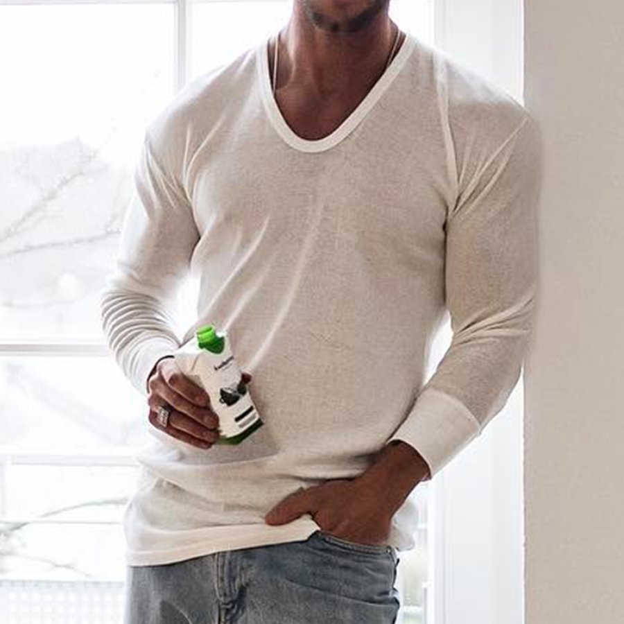 

Men's Breathable Plain Deep V Long Sleeve Top
