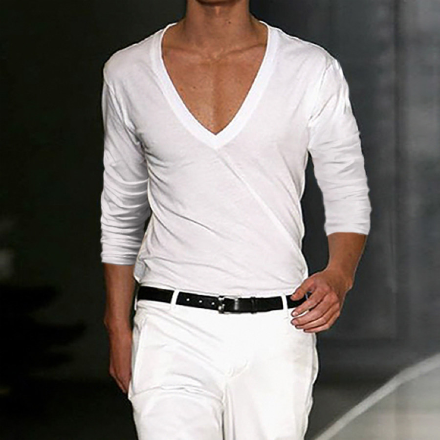 

Men's Basic White Deep V-Neck Cotton Long Sleeve T-Shirt