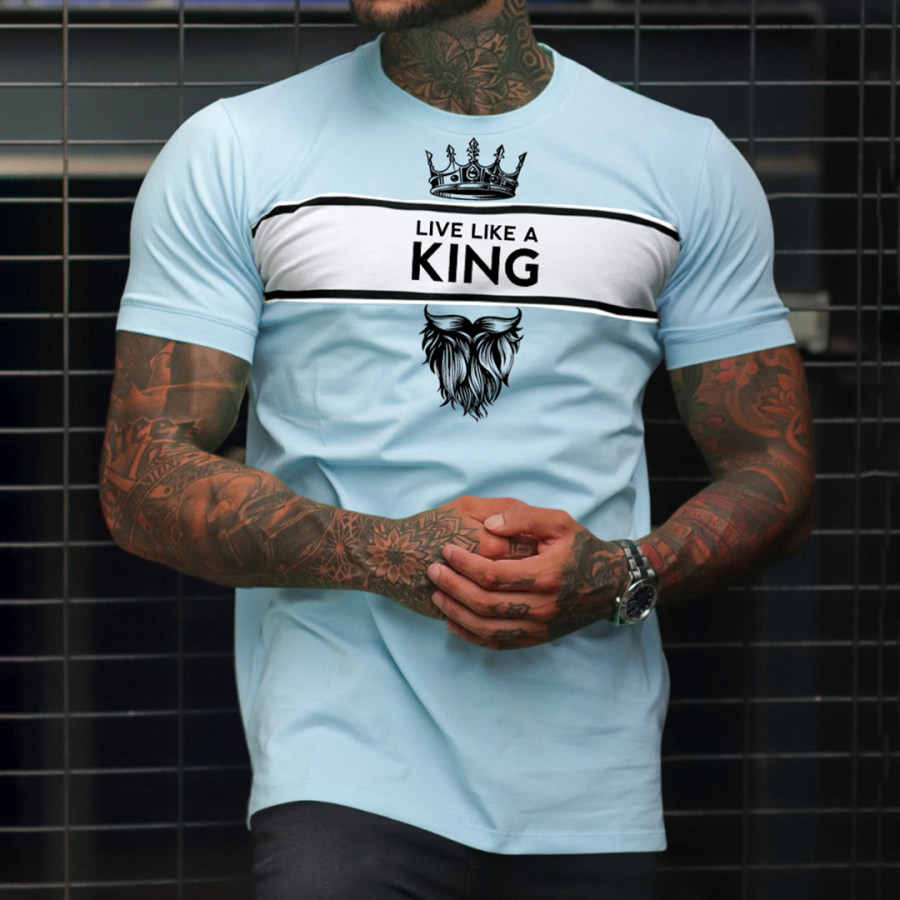 

Men's Fashion Live Like A King Print Color Matching Casual Slim Fit Short Sleeve T-Shirt