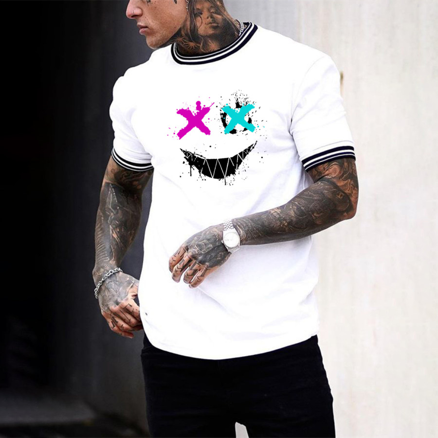 

Men's Fashion Smiley Pattern Print Color Matching Casual Short Sleeve T-Shirt