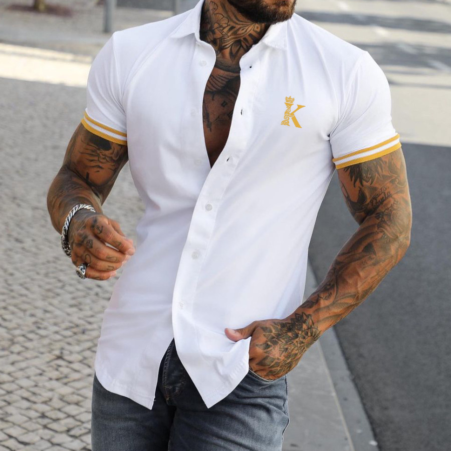 

Men's Fashion Crown K Print Color Matching Casual Slim Short Sleeve Shirt