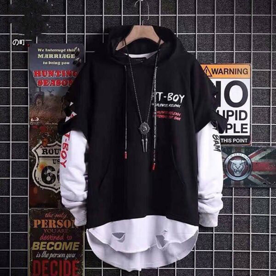 

Trendy Hip Hop Sweater Loose Hole Long Sleeve Fake Two Piece Hoodie Top