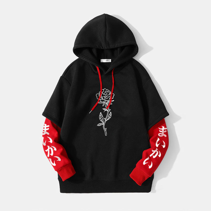 

Mens Rose Japanese Sleeve Print 2 In 1 Casual Drawstring Hoodies