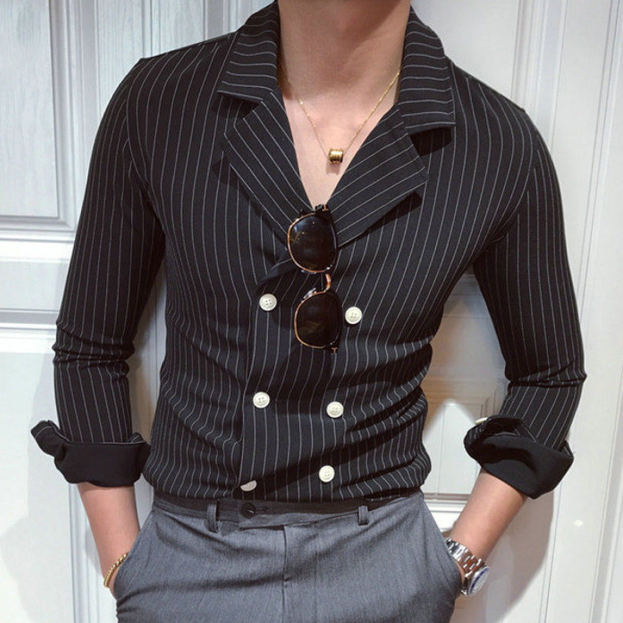 

Stylish Double-breasted Striped Lapel Shirt