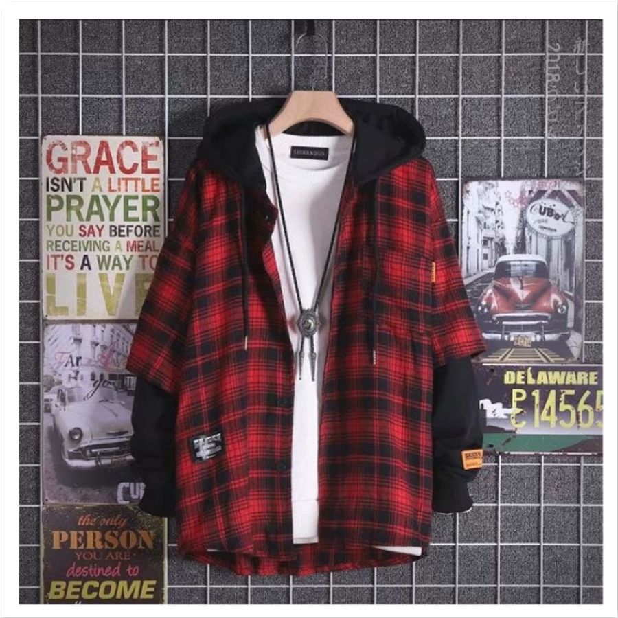 

Men's Hooded Plaid Long Sleeve Shirt
