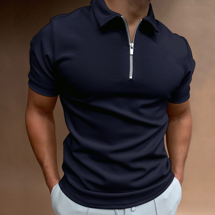 

Camisa De Hombre Casual Polo Golf Quarter Zip Manga Corta Liso Clásico Verano Regular Fit Negro Blanco Zip Polo