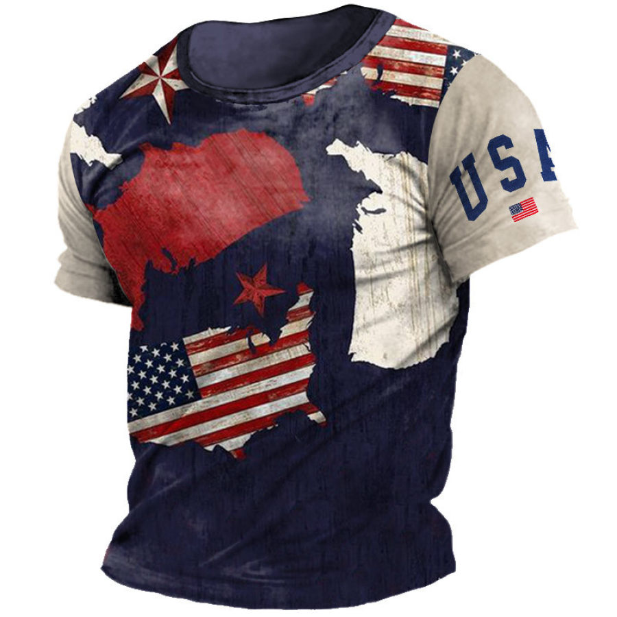 

Men's T-Shirt Vintage Independence Day Flag Print Short Sleeves Crew Neck Blue