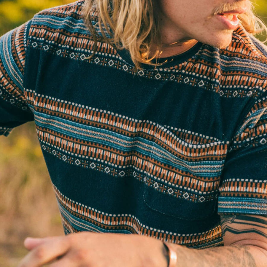 

Men's T-shirt Outdoor Retro Ethnic Style Short Sleeve Round Neck Blue