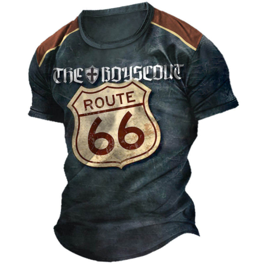 

Men's T-Shirt Vintage Route 66 Colorblock Print Short Sleeve Round Neck Green