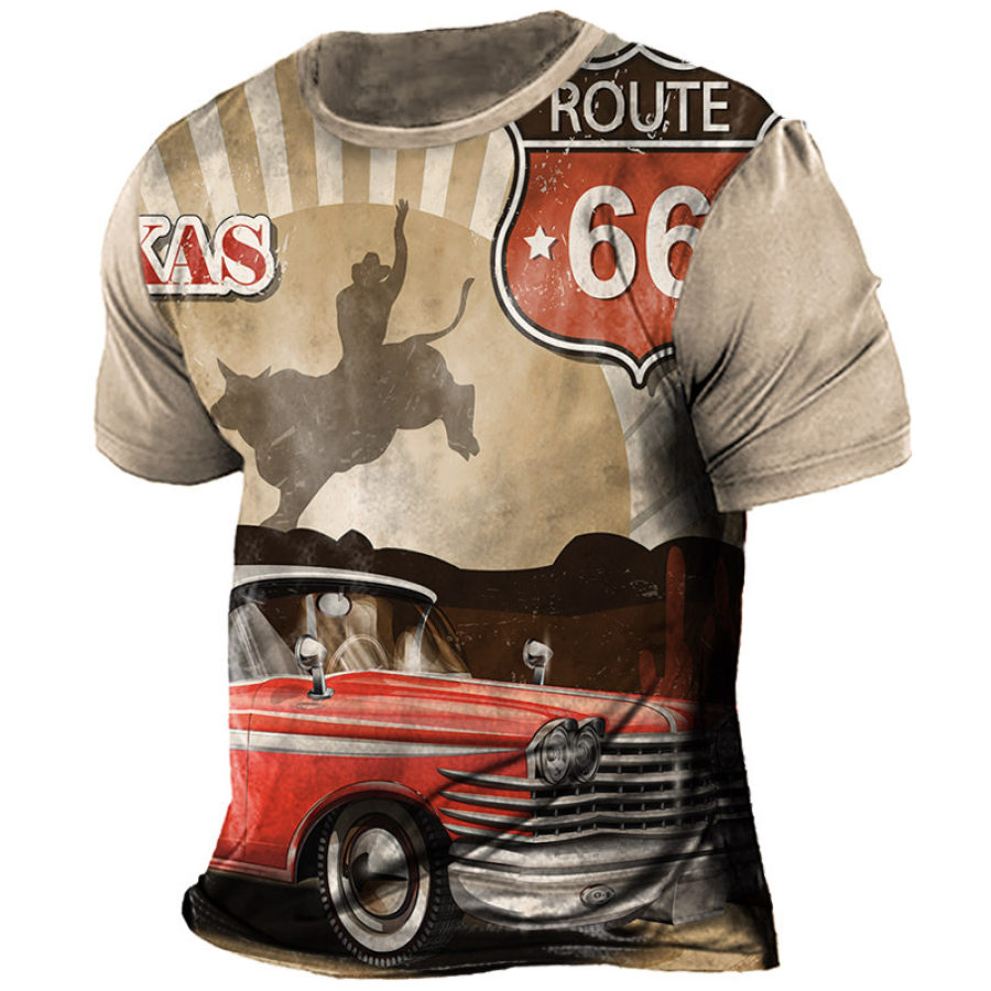 

Men's T-Shirt Vintage Cowboy Route 66 Car Print Short Sleeve Crewneck Khaki