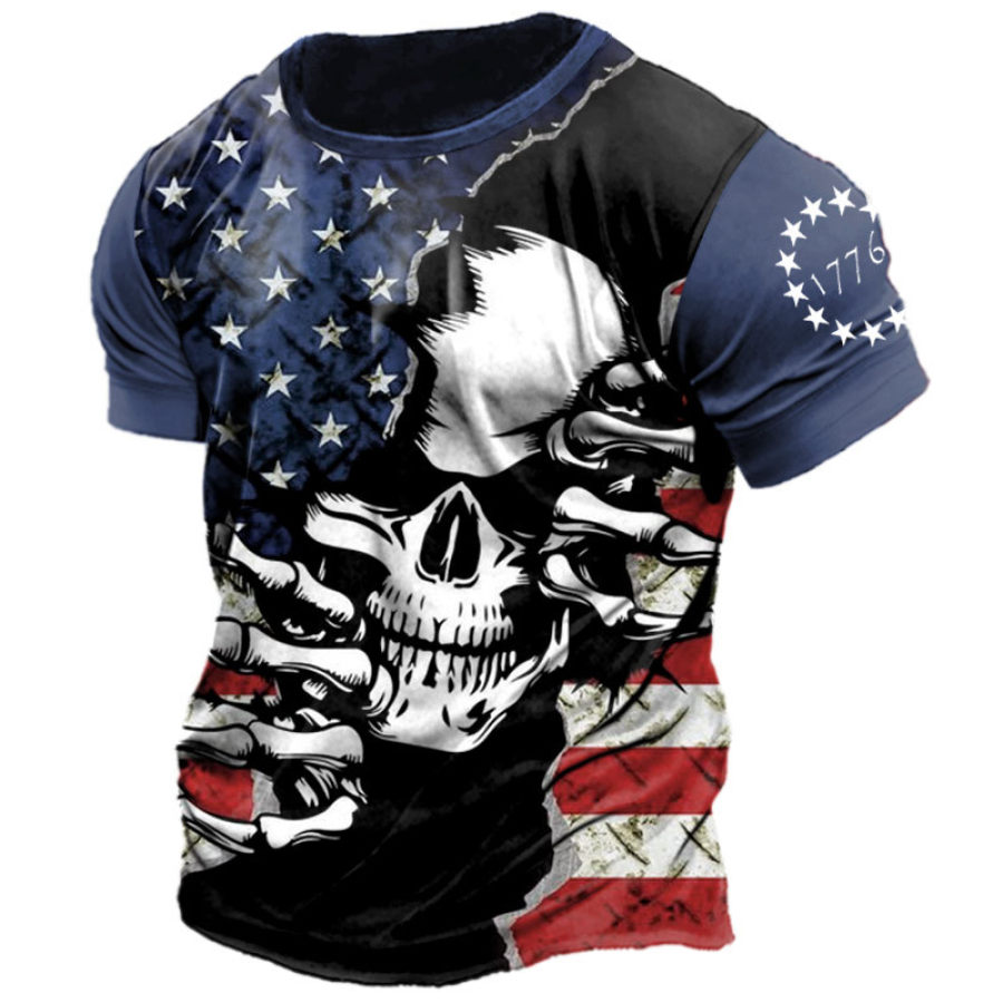 

Men's T-Shirt Vintage USA 1776 Independence Day Flag Skull Print Short Sleeve Round Neck Blue