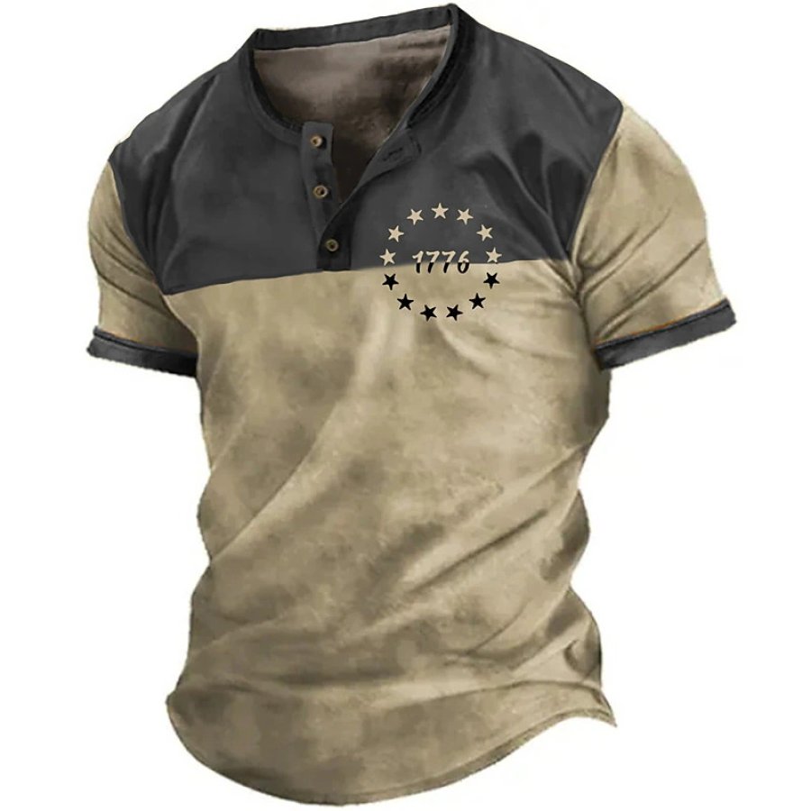 

Men's Henley T-Shirt Short Sleeve Vintage 1776 Color Block Summer Daily Tops Khaki