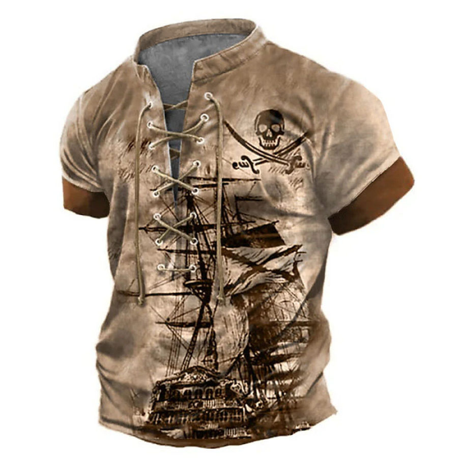 

Men's T-Shirt Lace-Up Stand Collar Short Sleeve Vintage Nautical Pirate Skull Sailboat Color Block Summer Daily Tops Bro