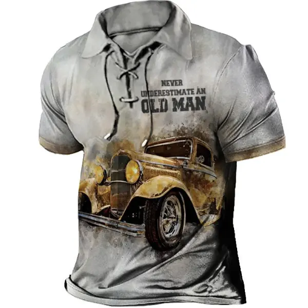 Men's T-Shirt Lapel Short Sleeve Jeep Old Man Vintage Lace-Up Summer Daily Tops Gray - Blaroken.com 