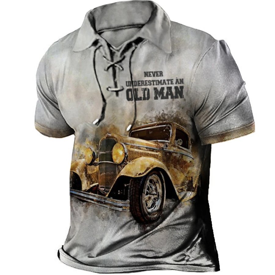 

Herren T-Shirt Revers Kurzarm Jeep Old Man Vintage Schnürung Sommer Alltag Tops Grau