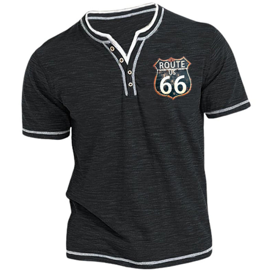 

Men's Henley T-Shirt Short Sleeve Vintage Route 66 Contrast Summer Daily Tops Black
