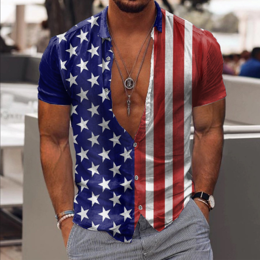 

Men's Vintage American Flag Print Casual Shirt