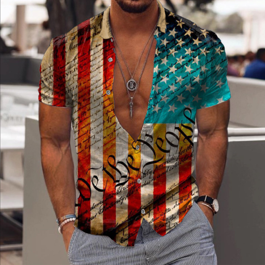 

Men's Vintage American Flag Print Casual Shirt