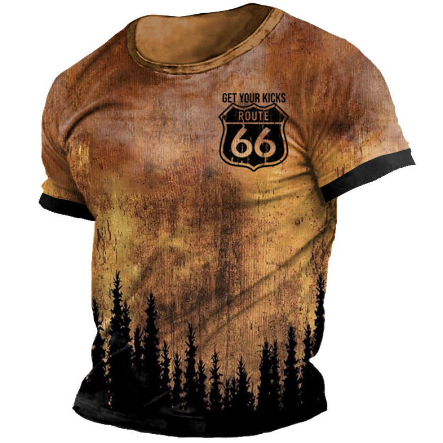 

Men's T-shirt Outdoor Vintage Route 66 Print Pattern Coffee Color