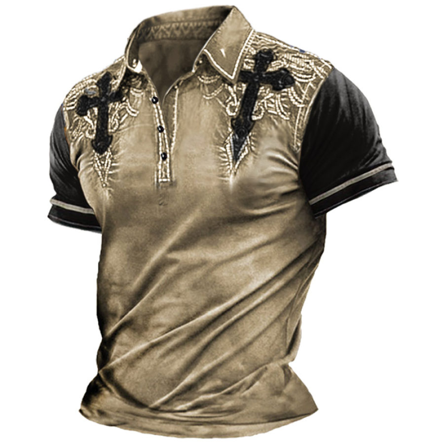 

Men's Polo Shirt Short Sleeve Colorblock Embroidery Vintage Summer Daily Tops T-Shirt Khaki