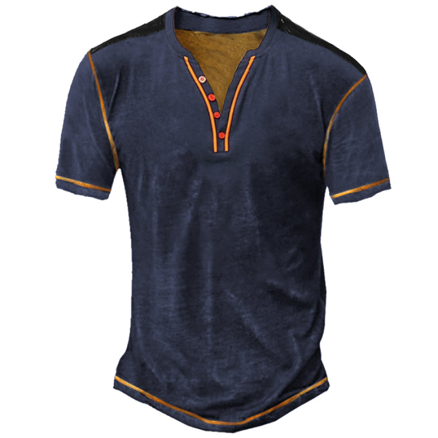 

Men's Henley T-Shirt Short Sleeve Vintage Colorblock Summer Daily Tops Blue