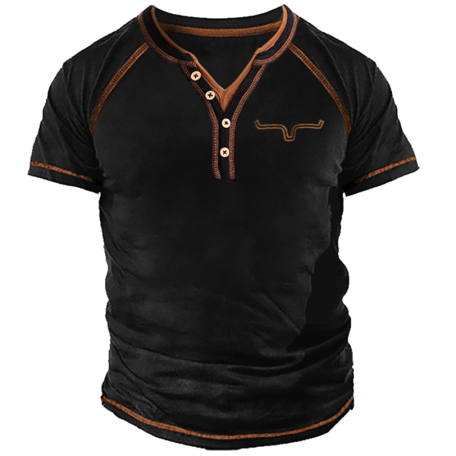 

Men's Henley T-Shirt Short Sleeve Vintage Yellowstone Embroidered Colorblock Summer Daily Tops Black