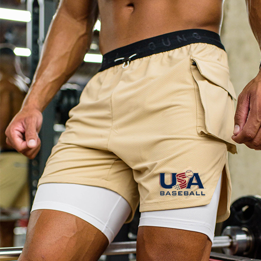 

USA Baseball Logo Print Performance Line Compression Shorts High Elasticity Breathable Casual Sports Basketball Gym Shor