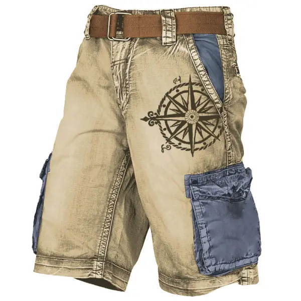 Men's Cargo Shorts Vintage Nautical Compass Color Block Distressed Utility Outdoor Shorts Khaki - Kalesafe.com 