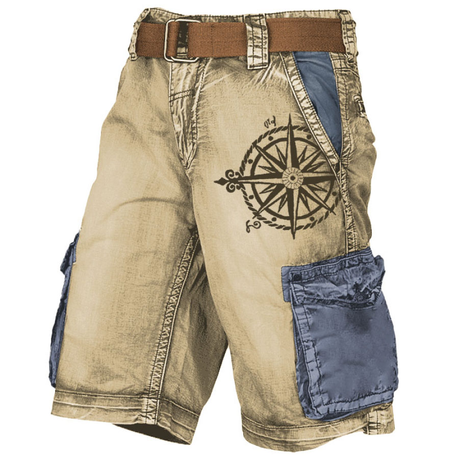 

Men's Cargo Shorts Vintage Nautical Compass Color Block Distressed Utility Outdoor Shorts Khaki