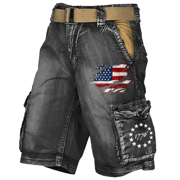 Men's Cargo Shorts Vintage 1776 American Flag Distressed Utility Outdoor Shorts Black - Kalesafe.com 