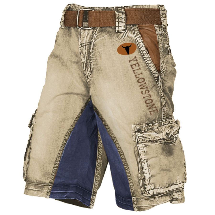 

Men's Cargo Shorts Vintage Western Yellowstone Distressed Utility Outdoor Shorts Khaki