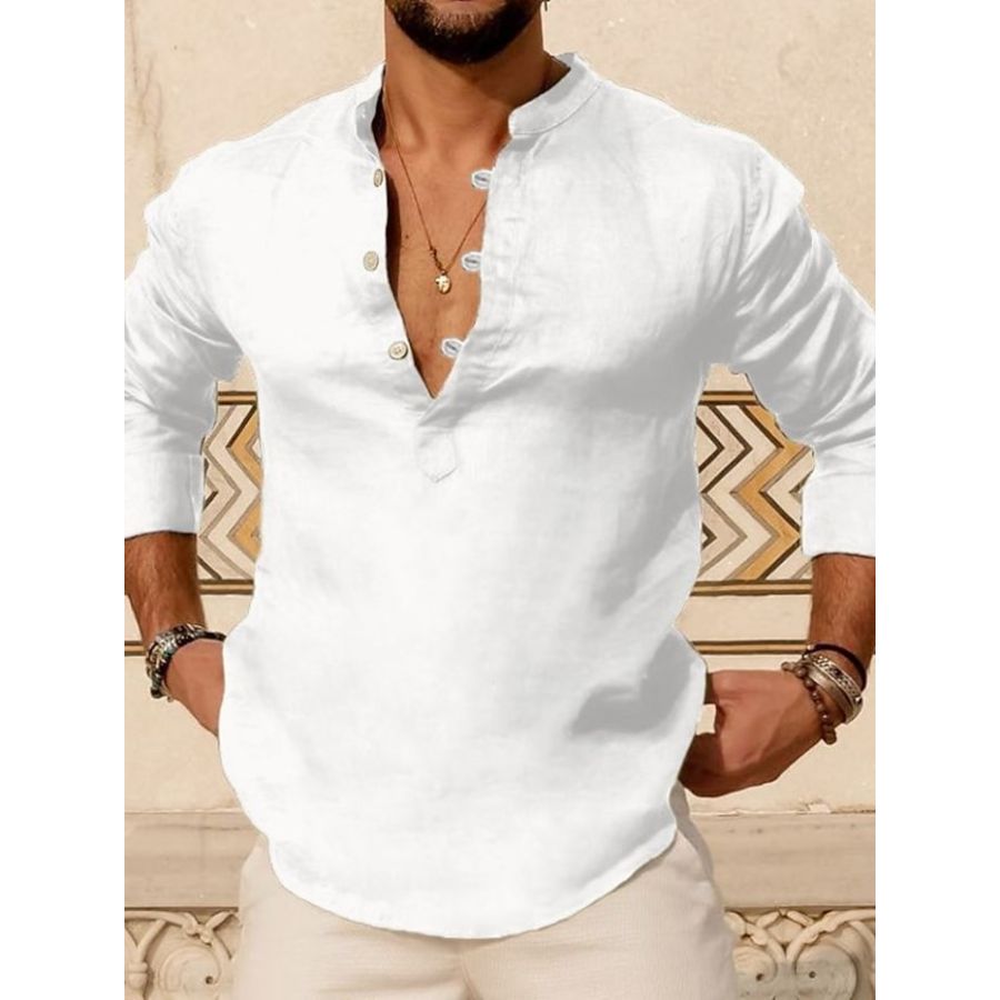 

Men's Solid Color Shirt Henry Cardigan Long Sleeve Loose Lapel Men's Cotton Linen Shirt