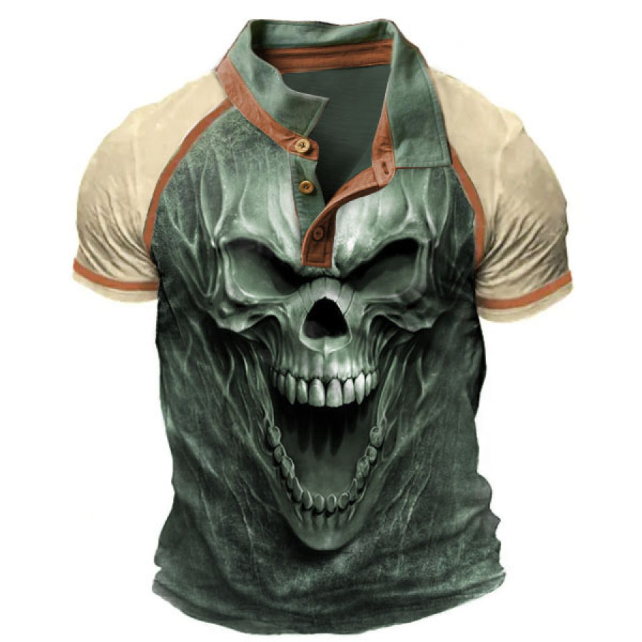 

Men's Outdoor Polo Shirt Vintage Skull Print Casual Henley Vintage Polo Shirt