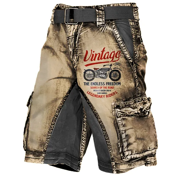 Men's Plus Size Vintage Motorcycle Racing Distressed Wash Print MultiPocket Tactical Shorts