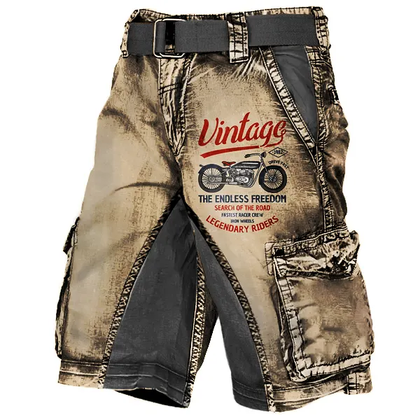 Men's Plus Size Vintage Motorcycle Racing Distressed Wash Print Multi-Pocket Tactical Shorts - Chrisitina.com 